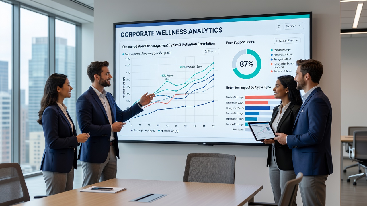 Team members in a distributed tech setting participating in peer encouragement activities tracked on wellness dashboards