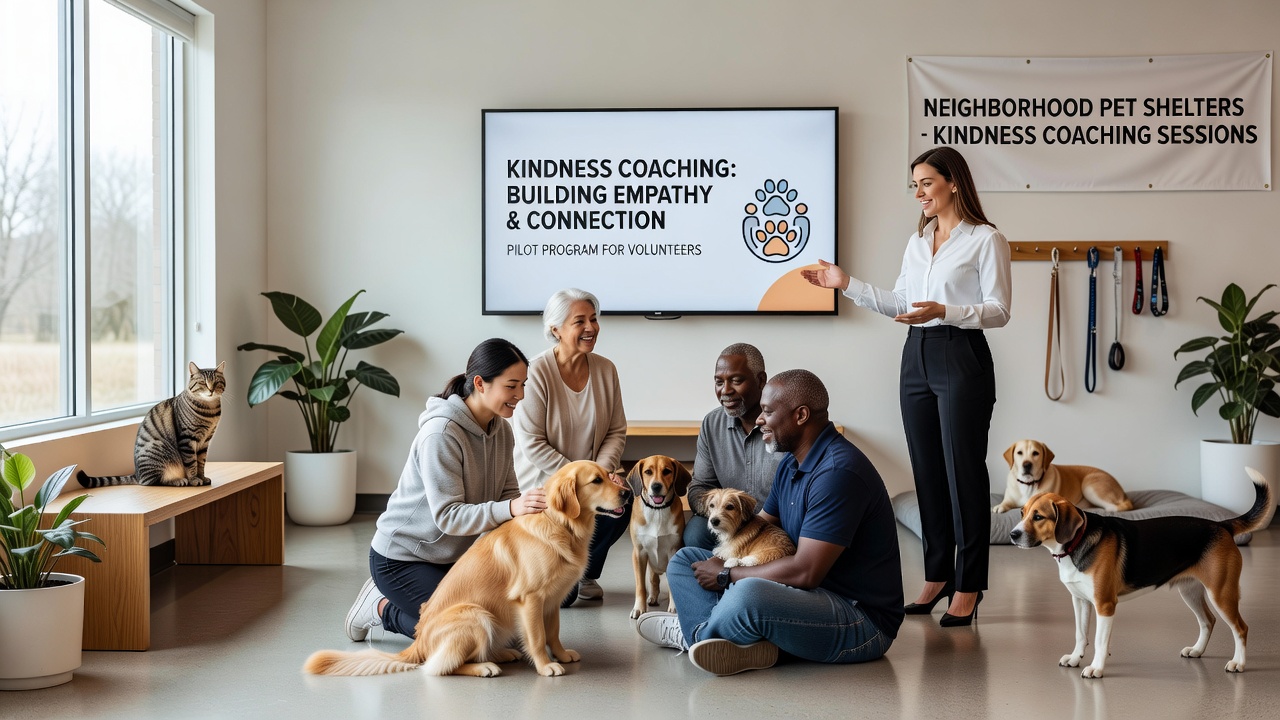 Shelter staff observing calm interactions between a coached volunteer and a relaxed dog during daily care