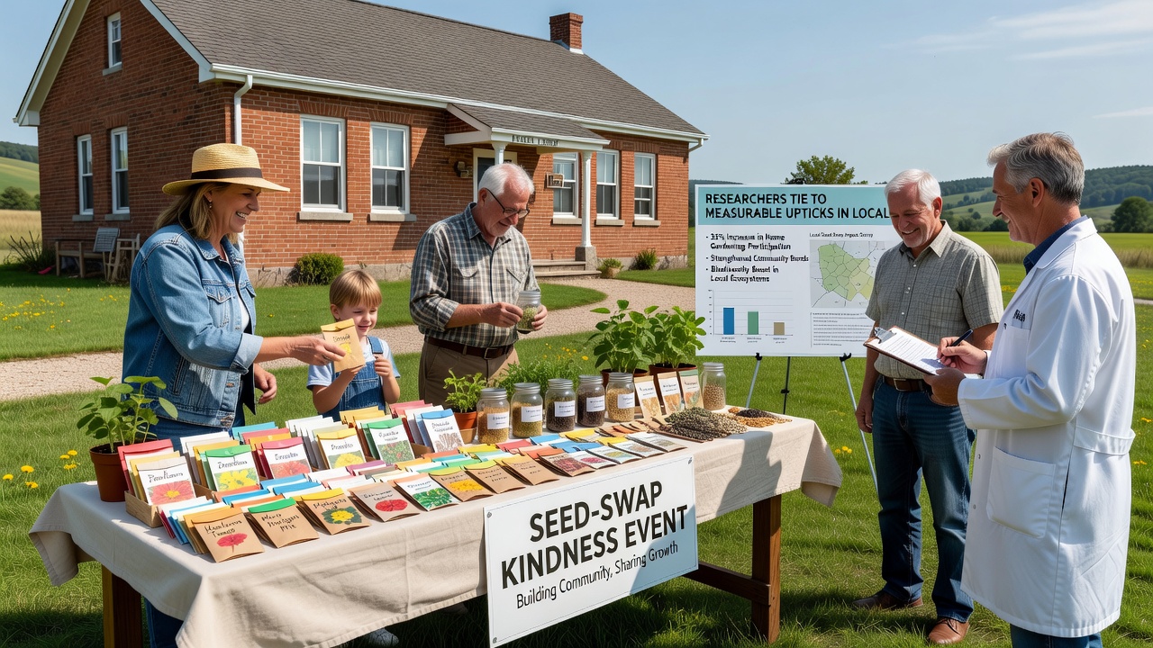 Close-up of seed packets, handwritten kindness notes, and library books arranged on a wooden table during a rural community swap event